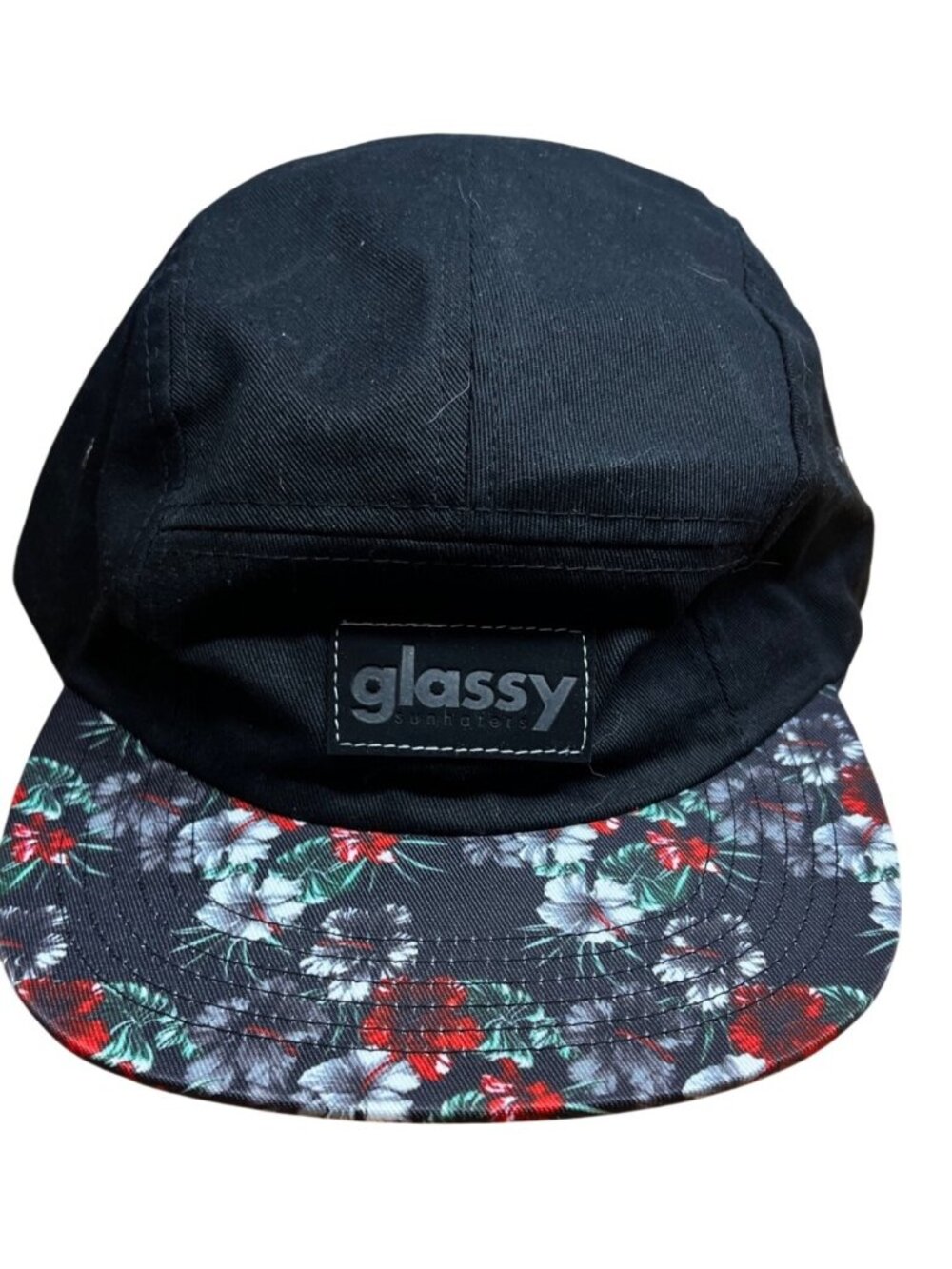 Glassy Black 5-Panel Hat With Floral Brim & Adjustable Strapback